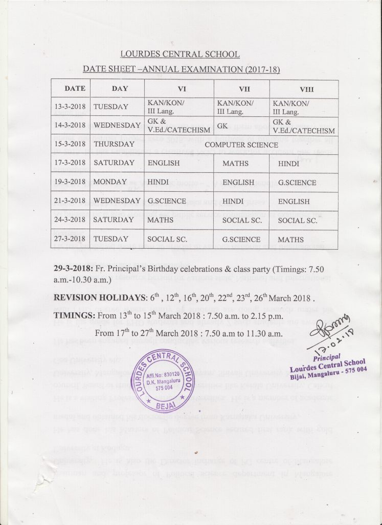 ANNUAL EXAM TIME TABLE - CLASS 6 TO 8 -2017-18