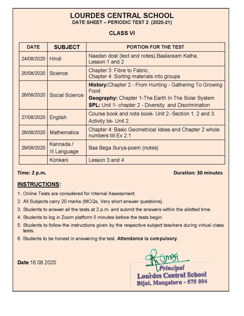 Class 6 Date sheet for Periodic test 2-page-001